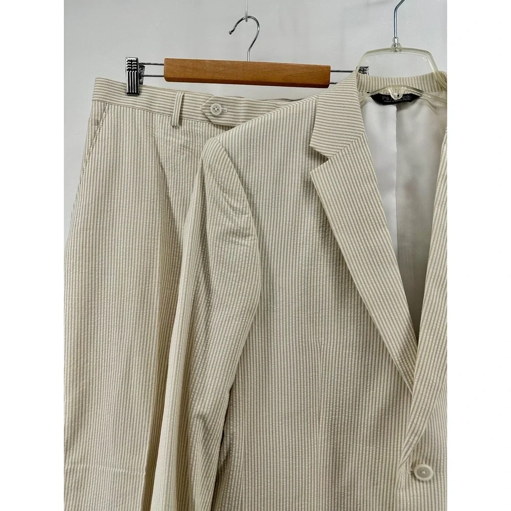 Jos. A. Bank Stays Cool Mens Suit 41L 35W Tan Seersucker Cotton Tailored Fit